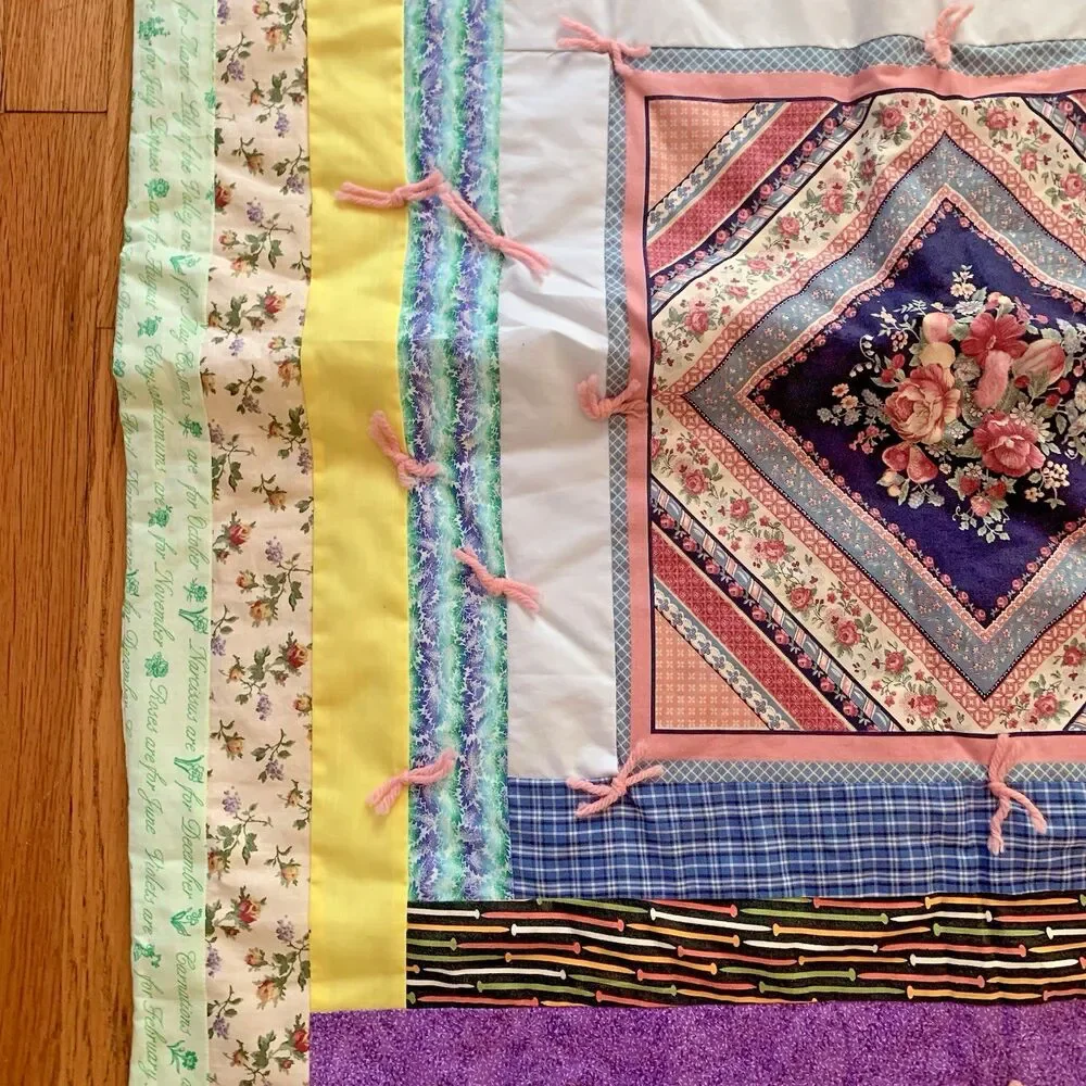 Vintage Handmade Baby Crib Quilt Blanket 32”x40” Various Picnic Patchwork Floral